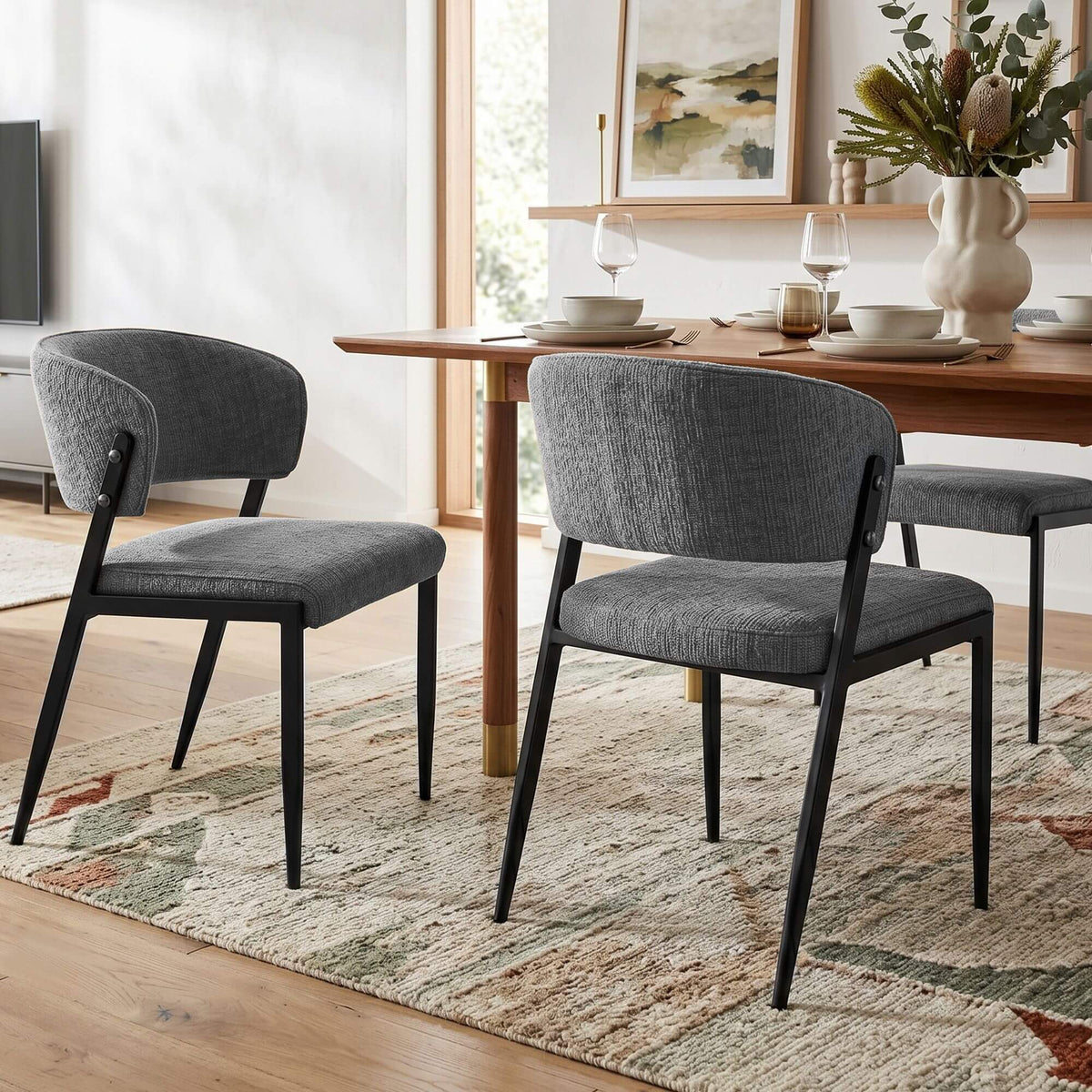 Regency | Grey Mustard Beige Linen Fabric Wooden Dining Chairs | Set Of 2 | Grey