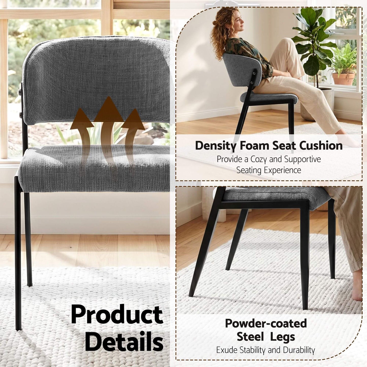 Regency | Grey Mustard Beige Linen Fabric Wooden Dining Chairs | Set Of 2 | Grey