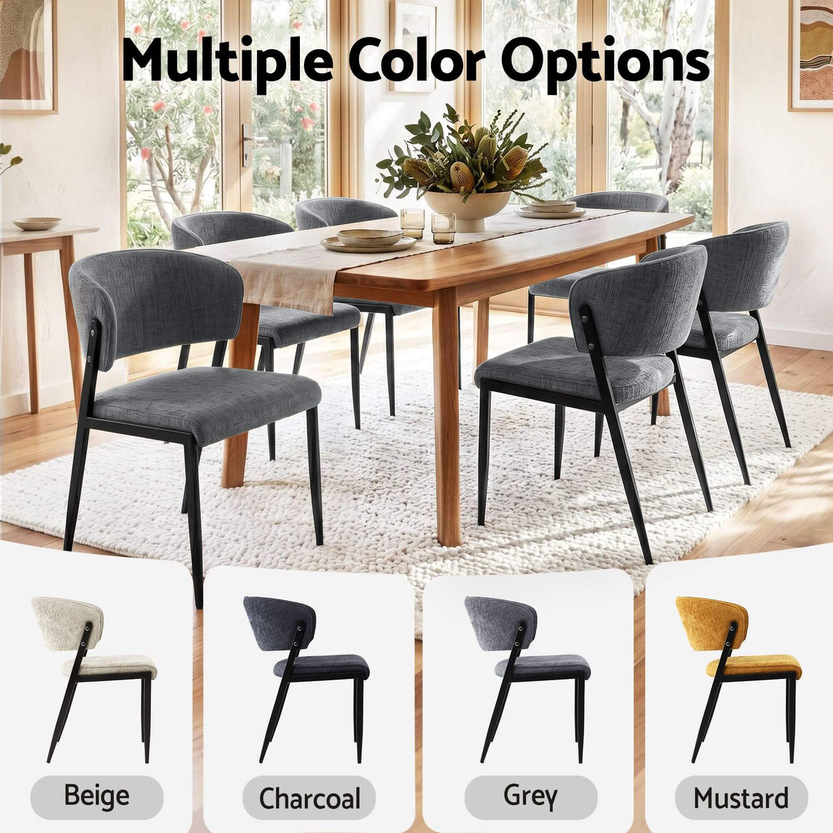 Regency | Grey Mustard Beige Linen Fabric Wooden Dining Chairs | Set Of 2 | Grey