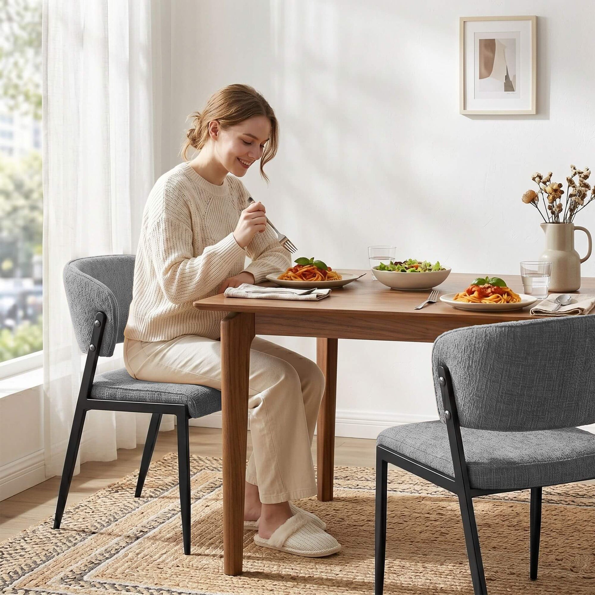 Regency | Grey Mustard Beige Linen Fabric Wooden Dining Chairs | Set Of 2