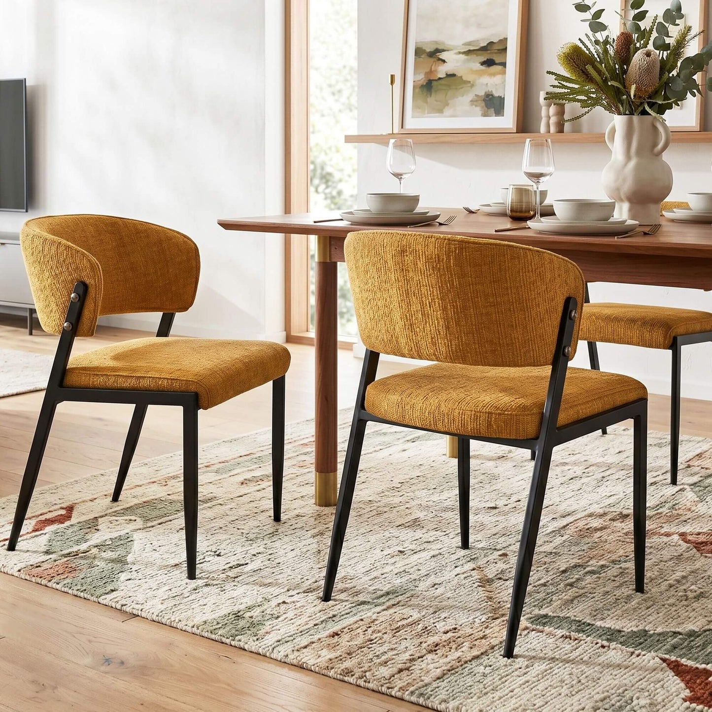 Regency | Grey Mustard Beige Linen Fabric Wooden Dining Chairs | Set Of 2 | Mustard