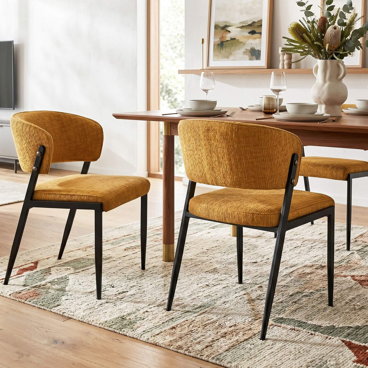 Regency | Grey Mustard Beige Linen Fabric Wooden Dining Chairs | Set Of 2