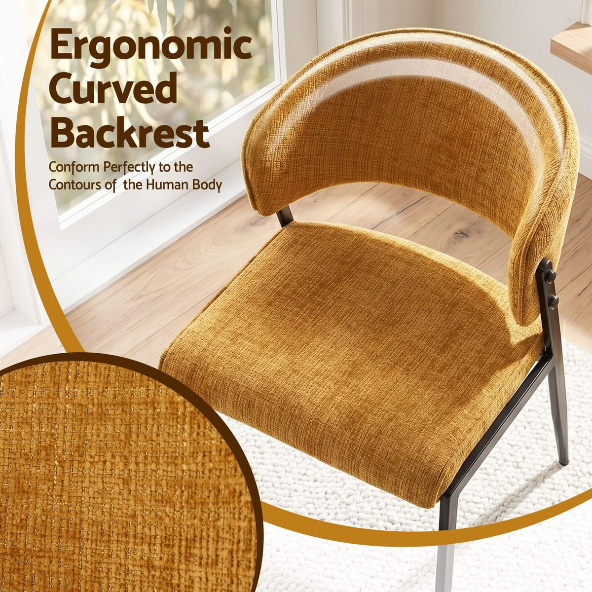 Regency | Grey Mustard Beige Linen Fabric Wooden Dining Chairs | Set Of 2 | Mustard