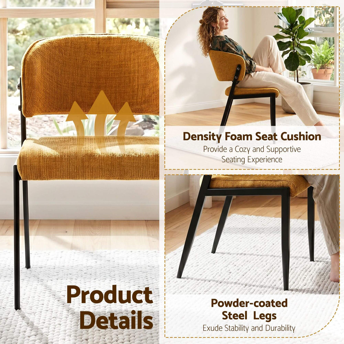 Regency | Grey Mustard Beige Linen Fabric Wooden Dining Chairs | Set Of 2 | Mustard
