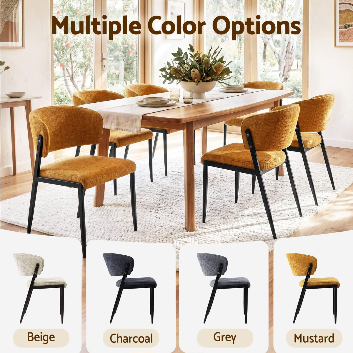 Regency | Grey Mustard Beige Linen Fabric Wooden Dining Chairs | Set Of 2 | Mustard