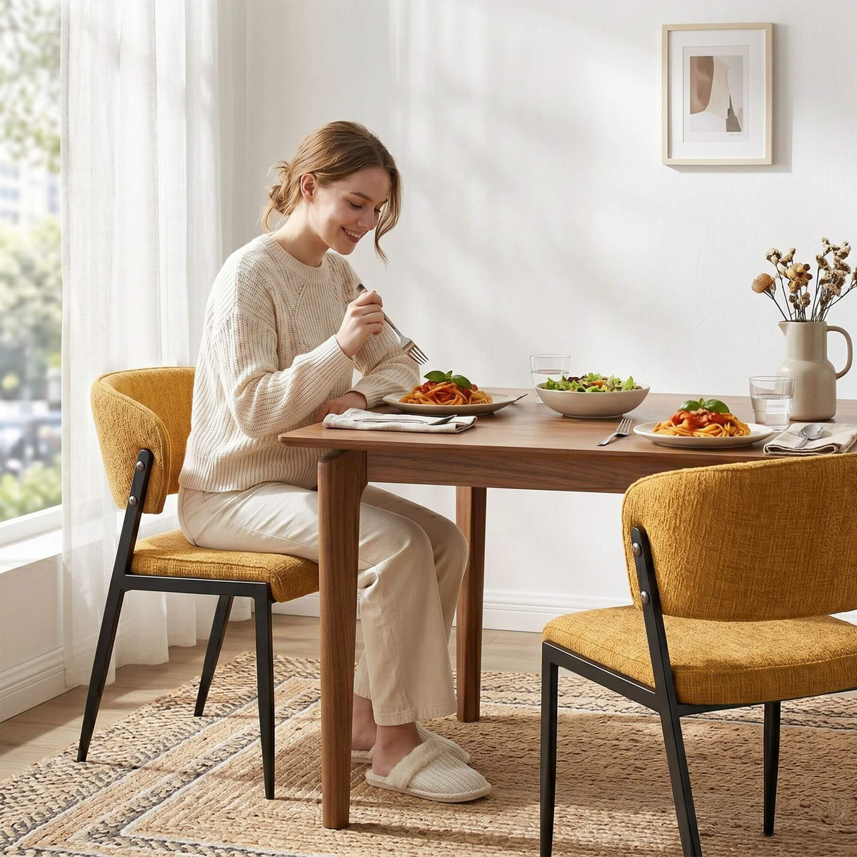 Regency | Grey Mustard Beige Linen Fabric Wooden Dining Chairs | Set Of 2 | Mustard