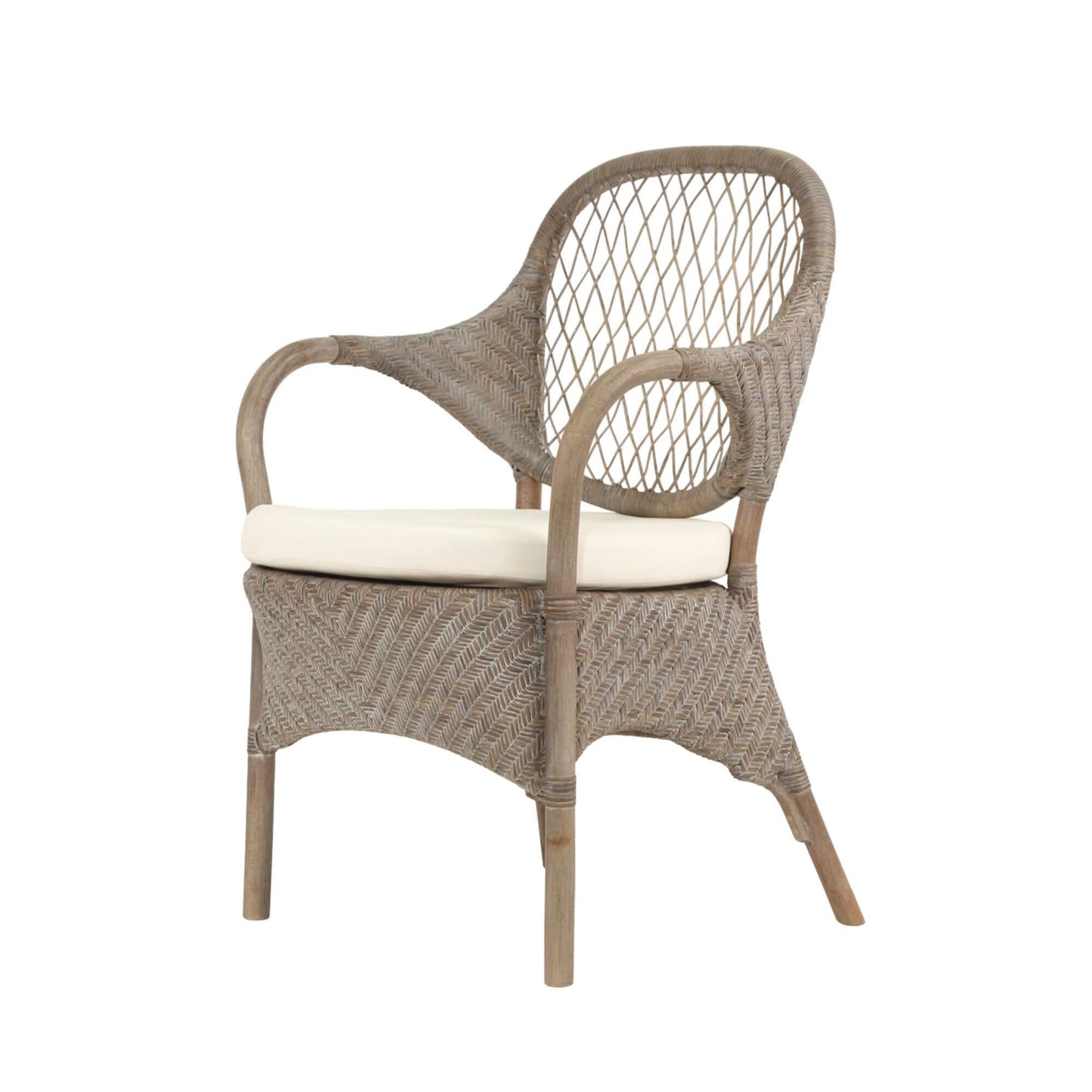 Renwick | Coastal Grey Wash Antique Brown Rattan Dining Chair With Arms | Grey