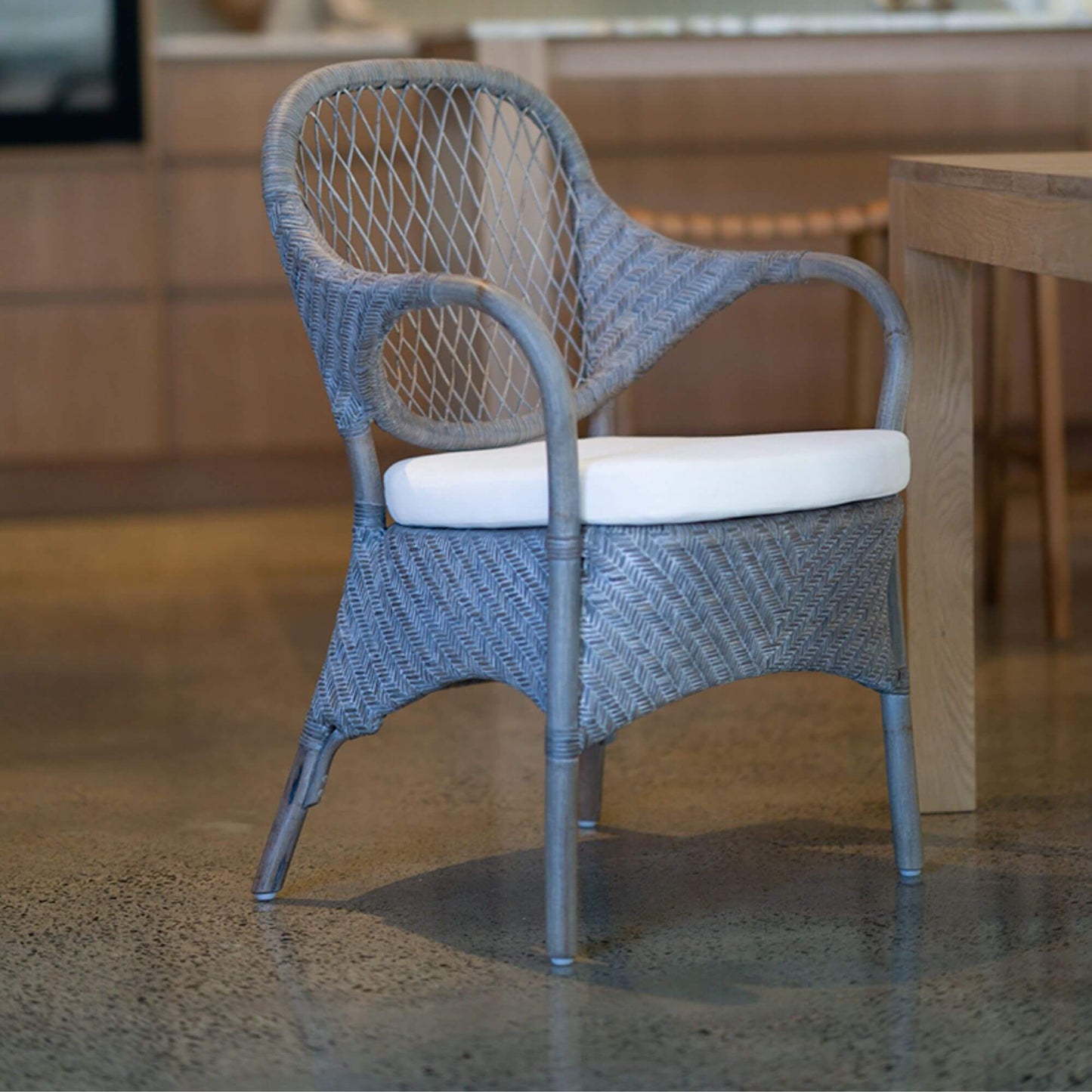 Renwick | Coastal Grey Wash Antique Brown Rattan Dining Chair With Arms | Grey