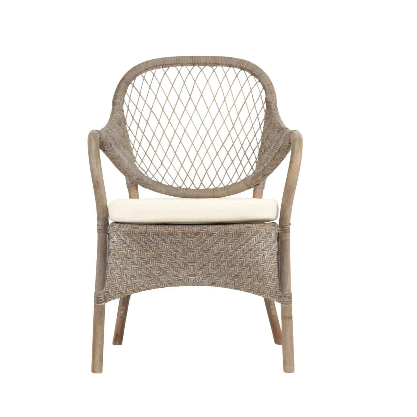 Renwick | Coastal Grey Wash Antique Brown Rattan Dining Chair With Arms | Grey