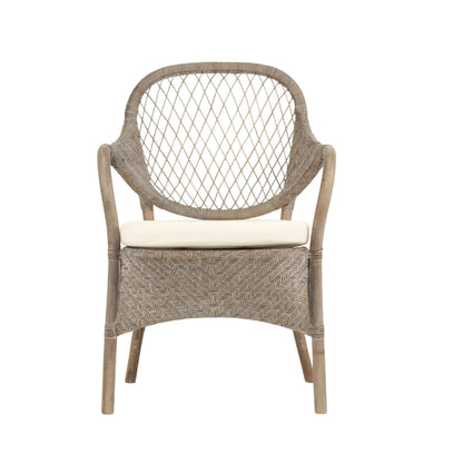Renwick | Coastal Grey Wash Antique Brown Rattan Dining Chair With Arms | Grey