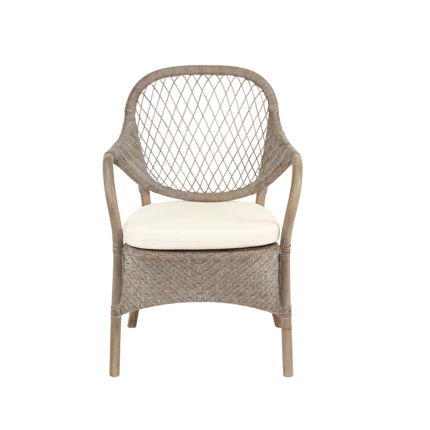 Renwick | Coastal Grey Wash Antique Brown Rattan Dining Chair With Arms | Grey