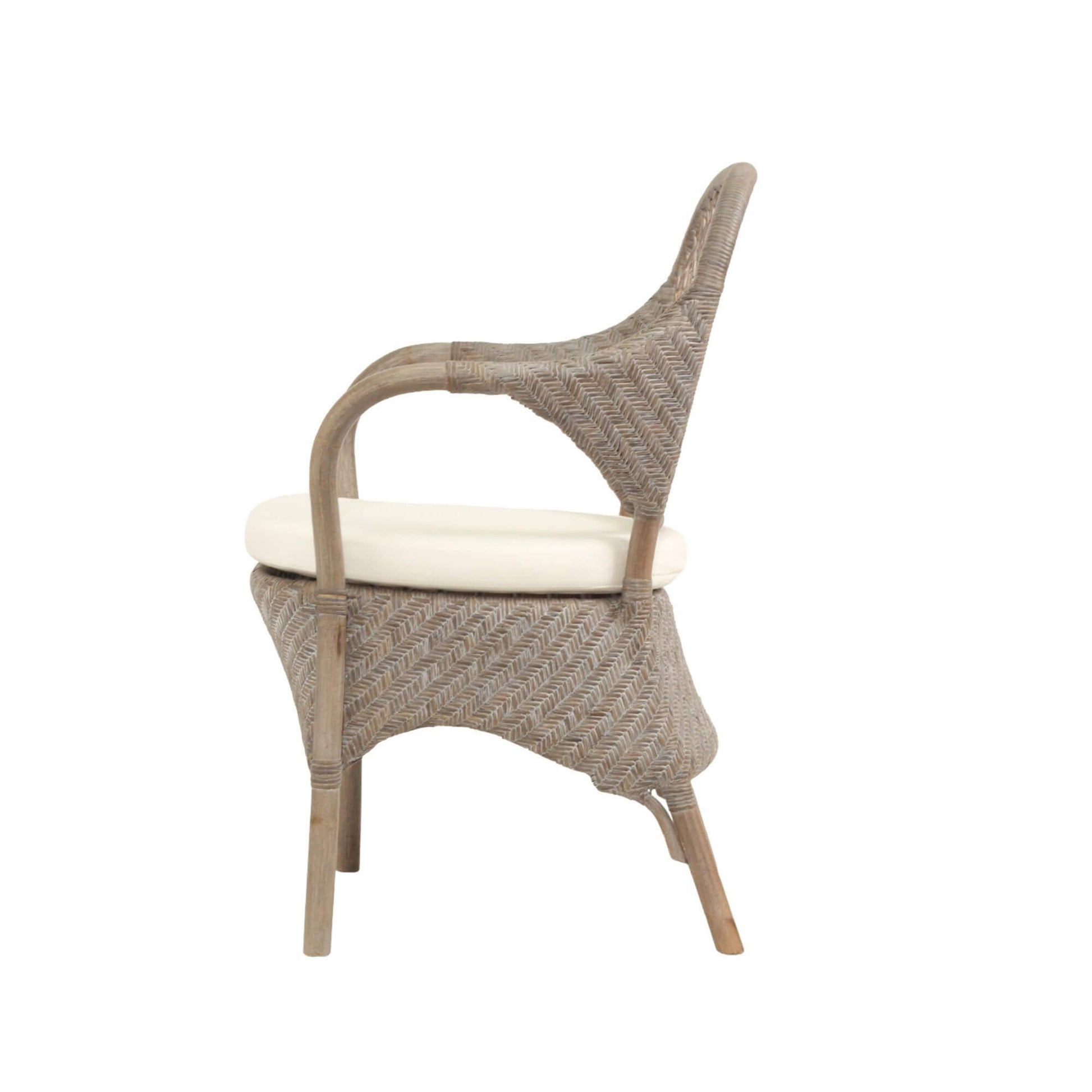 Renwick | Coastal Grey Wash Antique Brown Rattan Dining Chair With Arms | Grey