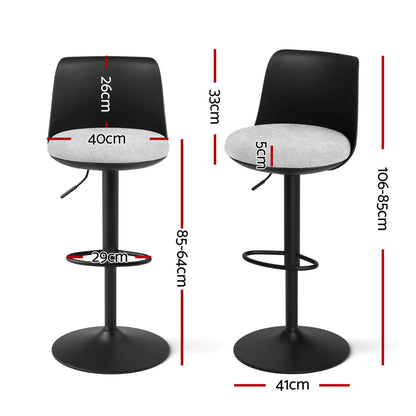 Robinvale | Modern Adjustable White Metal PU Grey Fabric Bar Stools | Set Of 2 | Black
