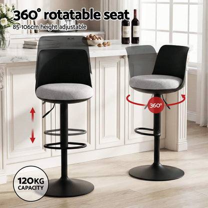 Robinvale | Modern Adjustable White Metal PU Grey Fabric Bar Stools | Set Of 2 | Black