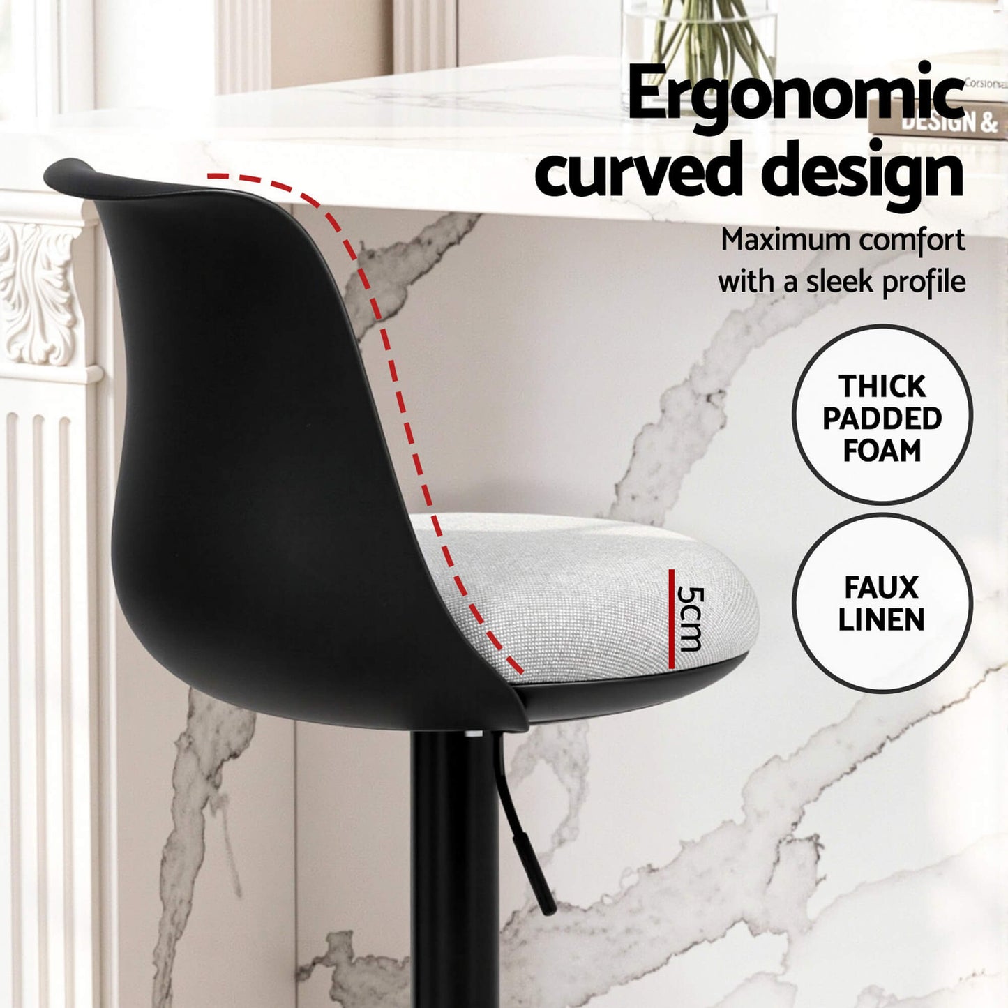 Robinvale | Modern Adjustable White Metal PU Grey Fabric Bar Stools | Set Of 2 | Black