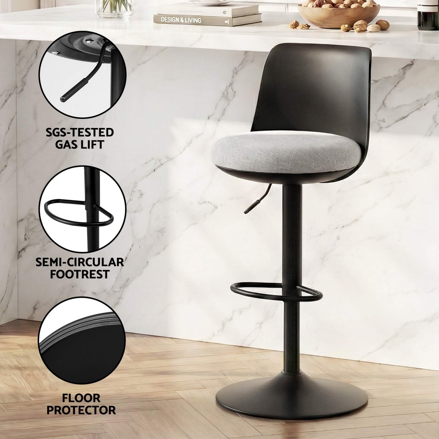 Robinvale | Modern Adjustable White Metal PU Grey Fabric Bar Stools | Set Of 2 | Black