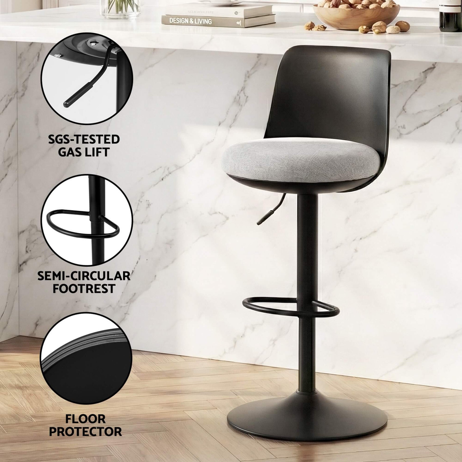 Robinvale | Modern Adjustable White Metal PU Grey Fabric Bar Stools | Set Of 2 | Black