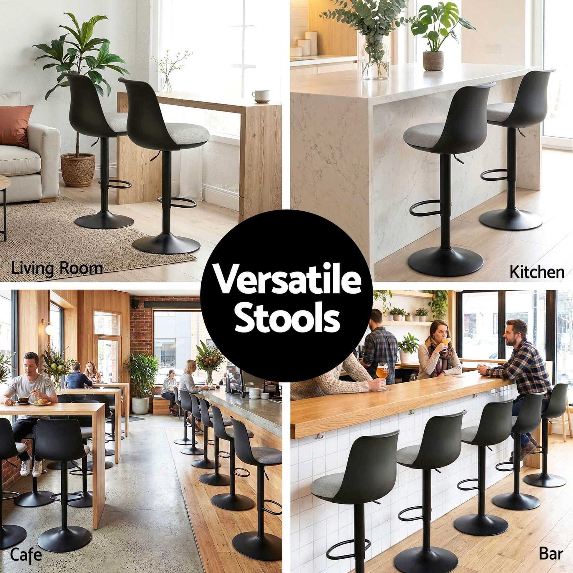 Robinvale | Modern Adjustable White Metal PU Grey Fabric Bar Stools | Set Of 2 | Black