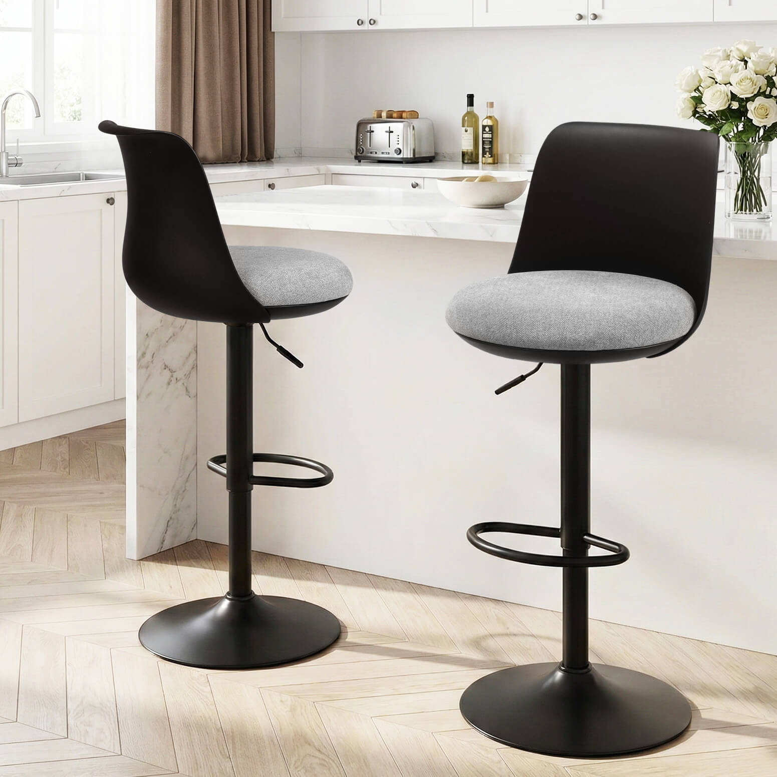 Robinvale | Modern Adjustable White Metal PU Grey Fabric Bar Stools | Set Of 2 | Black