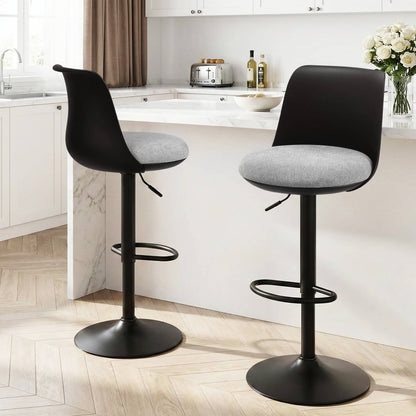Robinvale | Modern Adjustable White Metal PU Grey Fabric Bar Stools | Set Of 2 | Black