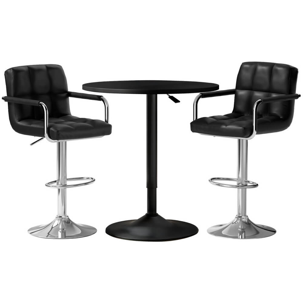 Ronan Giles | Black White PU Leather Adjustable Contemporary Wooden Bar Stool Set | Black