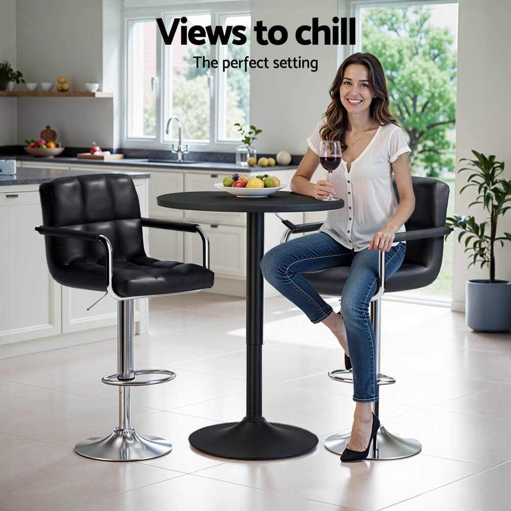 Ronan Giles | Black White PU Leather Adjustable Contemporary Wooden Bar Stool Set | Black
