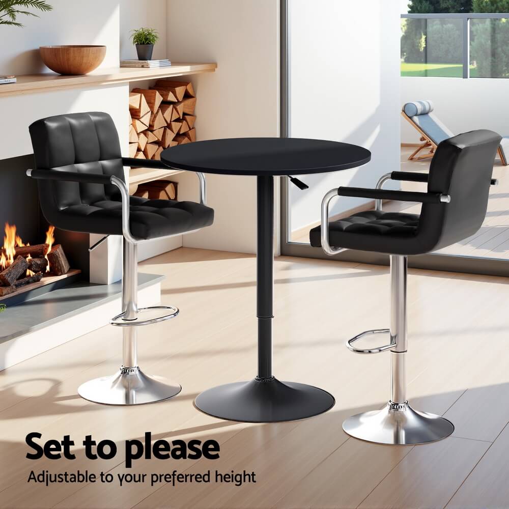 Ronan Giles | Black White PU Leather Adjustable Contemporary Wooden Bar Stool Set | Black
