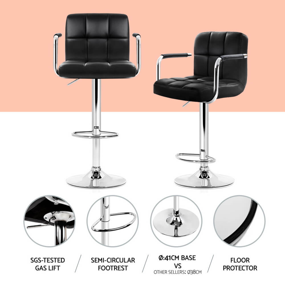 Ronan Giles | Black White PU Leather Adjustable Contemporary Wooden Bar Stool Set | Black