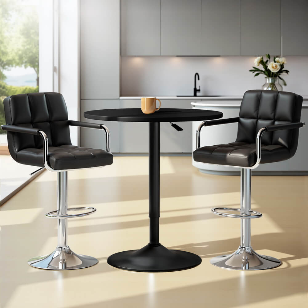 Ronan Giles | Black White PU Leather Adjustable Contemporary Wooden Bar Stool Set | Black