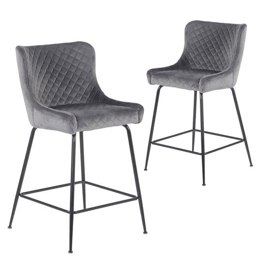 Rozelle | Metal Modern Velvet Bar Stools | Set Of 2 | Grey