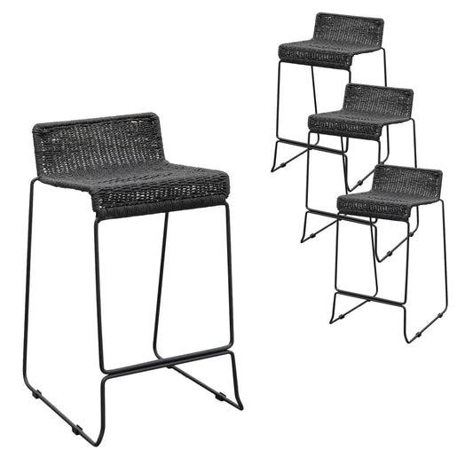 Sanctuary | Coastal Metal Rattan Bar Stools | Set Of 4 | Black