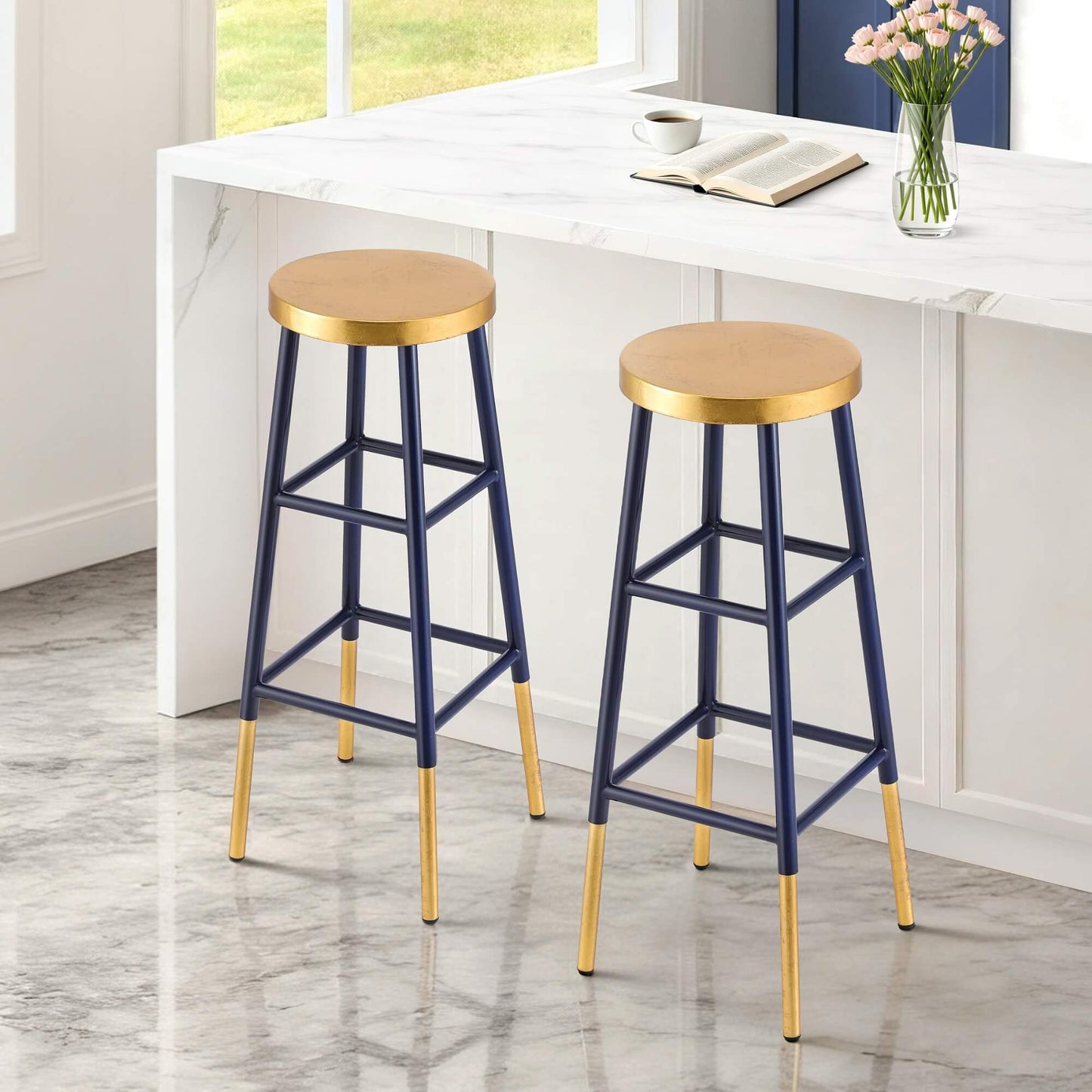 Santana | Modern Two Tone Gold Navy Metal Bar Stools | Gold