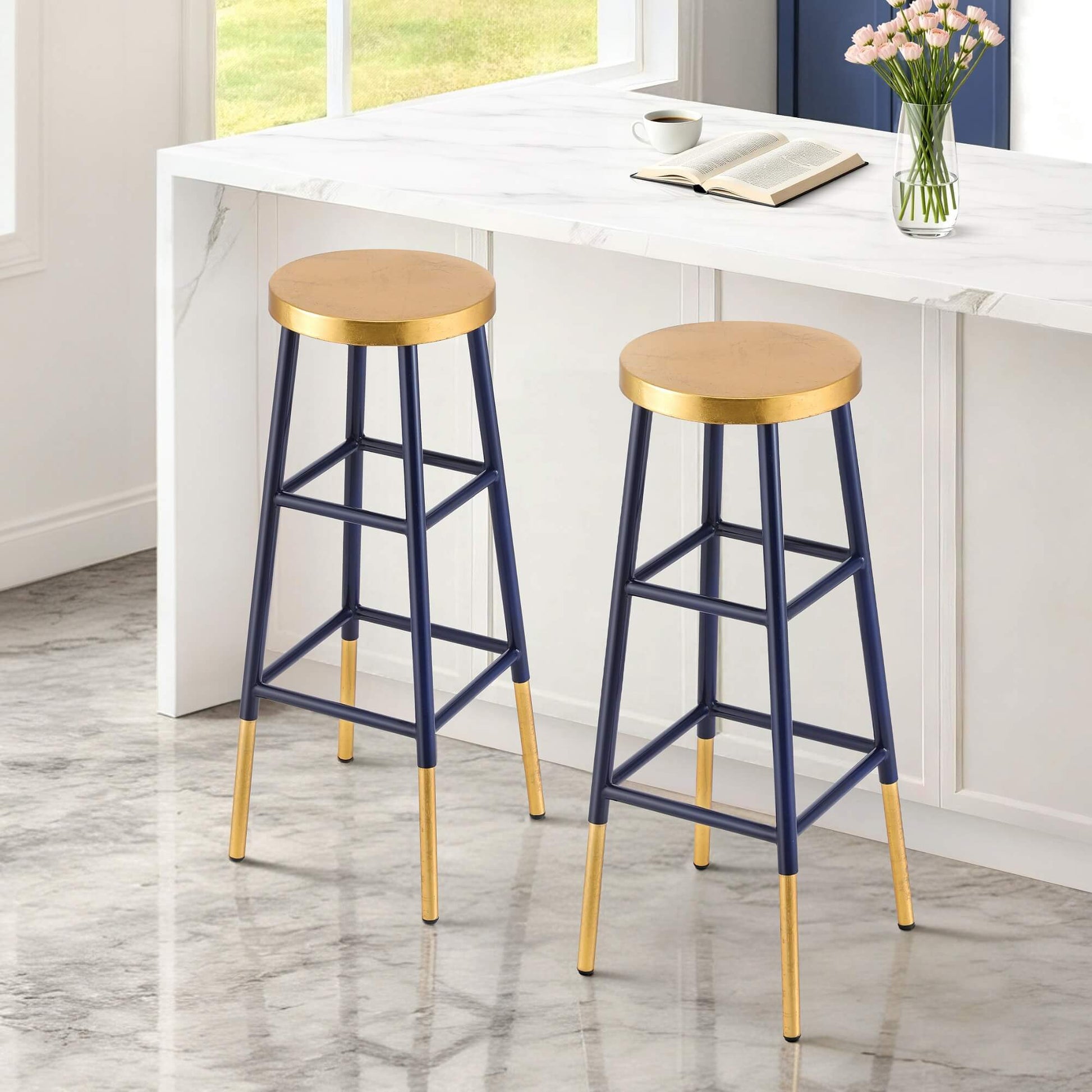 Santana | Modern Two Tone Gold Navy Metal Bar Stools | Gold