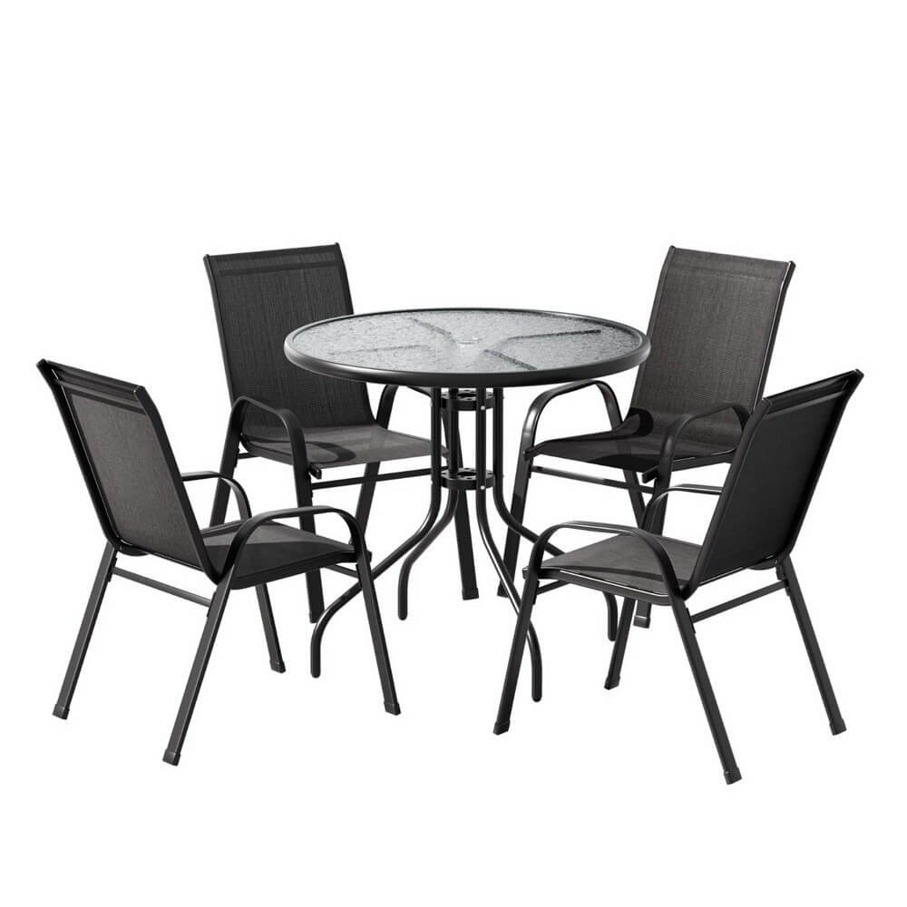 Savannah | Stackable 4 Seater Black Grey Metal Round Outdoor Dining Table Set | Black