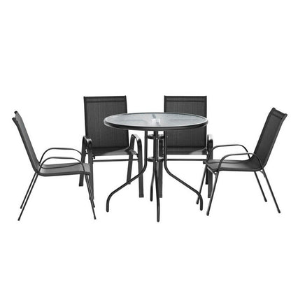 Savannah | Stackable 4 Seater Black Grey Metal Round Outdoor Dining Table Set | Black