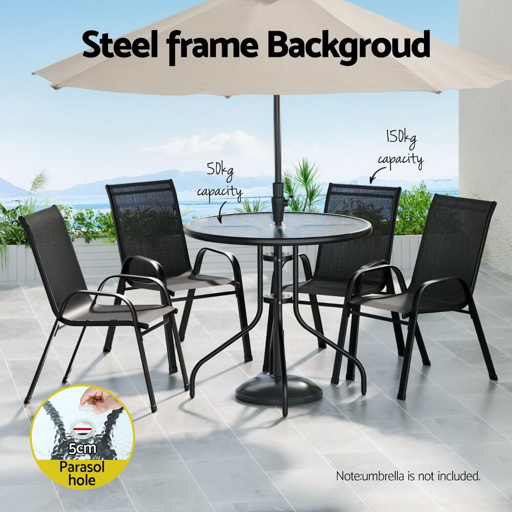 Savannah | Stackable 4 Seater Black Grey Metal Round Outdoor Dining Table Set | Black