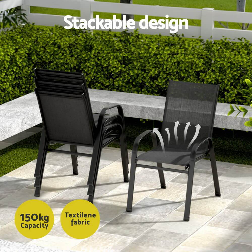 Savannah | Stackable 4 Seater Black Grey Metal Round Outdoor Dining Table Set | Black