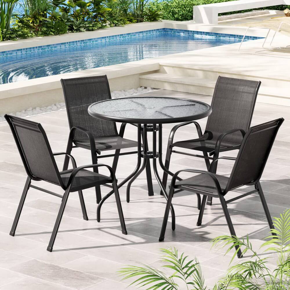Savannah | Stackable 4 Seater Black Grey Metal Round Outdoor Dining Table Set | Black