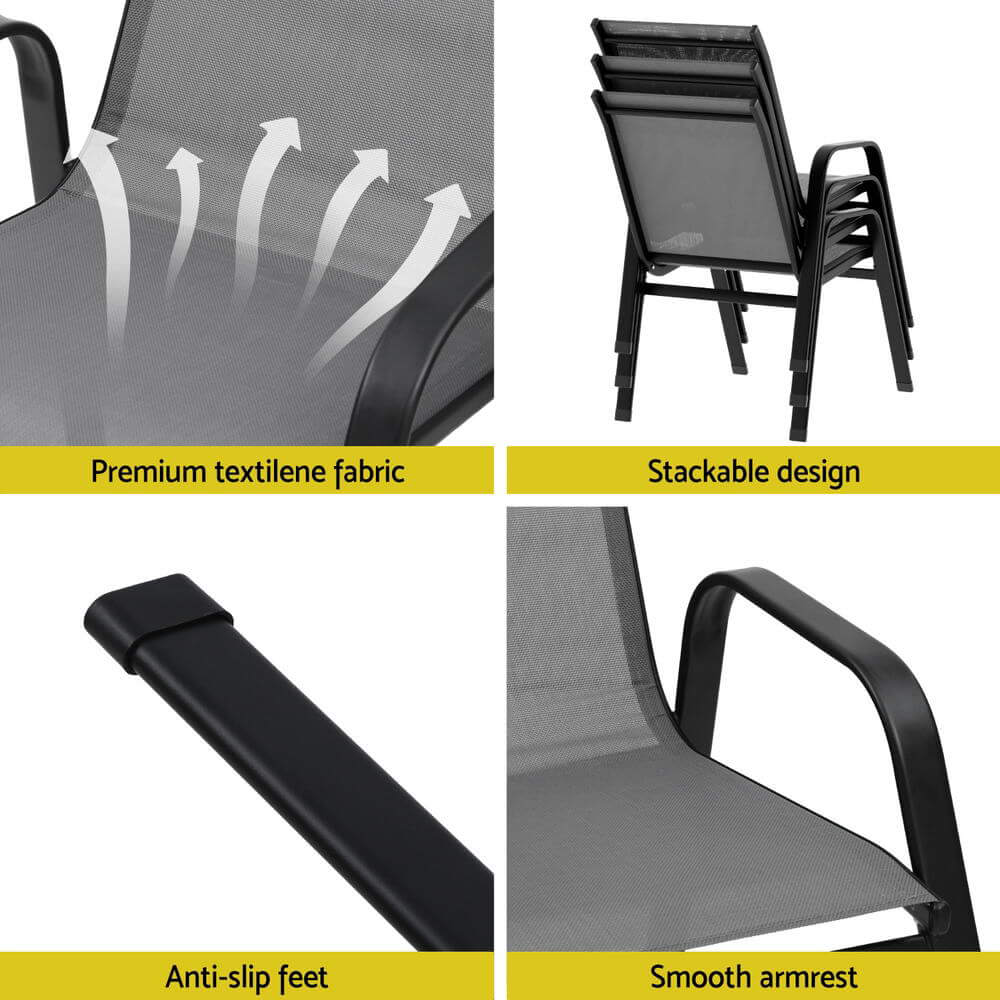 Savannah | Stackable Black White Grey Brown Metal Outdoor Dining Chairs | Set Of 6 | Grey