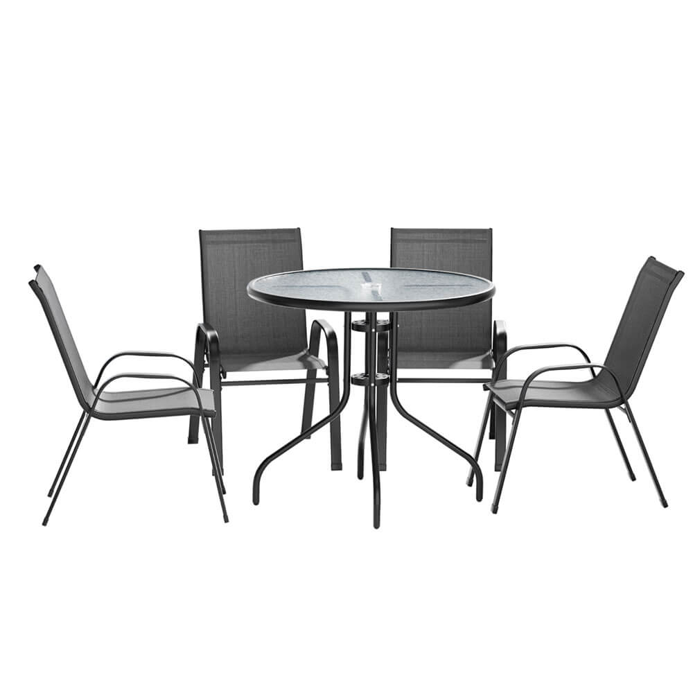 Savannah | Stackable 4 Seater Black Grey Metal Round Outdoor Dining Table Set | Grey