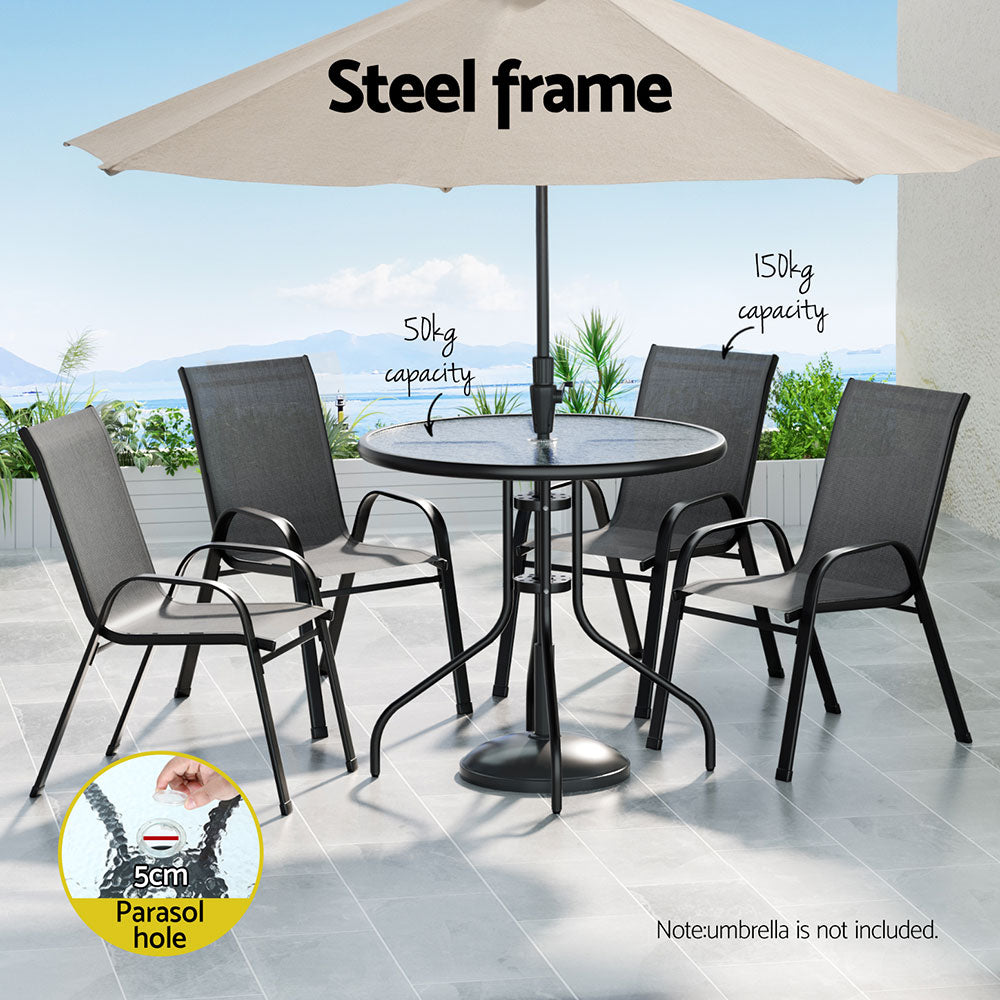 Savannah | Stackable 4 Seater Black Grey Metal Round Outdoor Dining Table Set | Grey