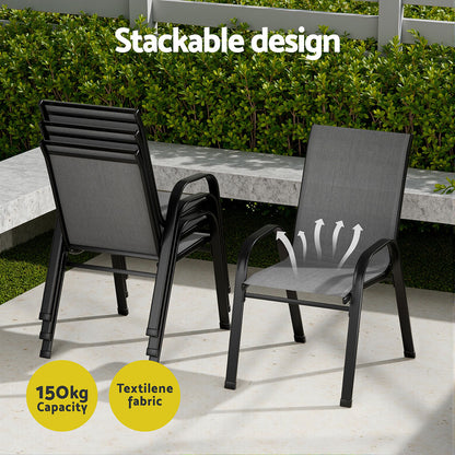 Savannah | Stackable 4 Seater Black Grey Metal Round Outdoor Dining Table Set | Grey