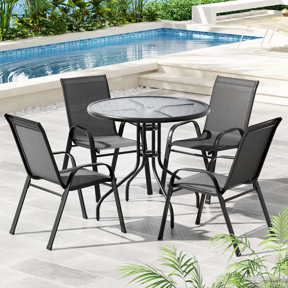 Savannah | Stackable 4 Seater Black Grey Metal Round Outdoor Dining Table Set | Grey