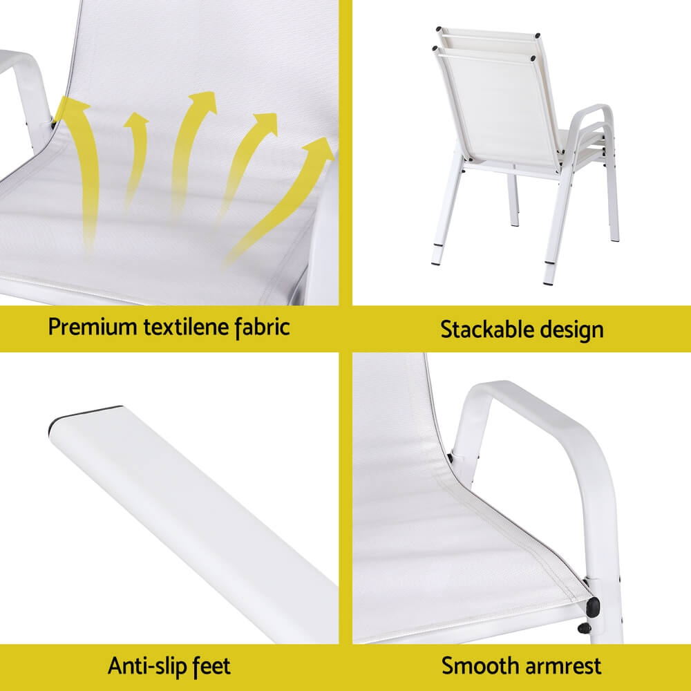 Savannah | Stackable Black White Grey Brown Metal Outdoor Dining Chairs | Set Of 6 | White