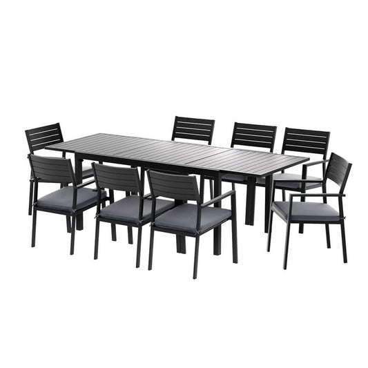 Somers | Coastal Black White Aluminium Extendable 9 Seater Outdoor Door Table Set | Black