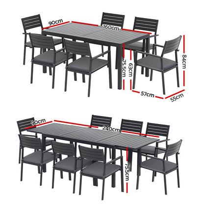 Somers | Coastal Black White Aluminium Extendable 9 Seater Outdoor Door Table Set | Black