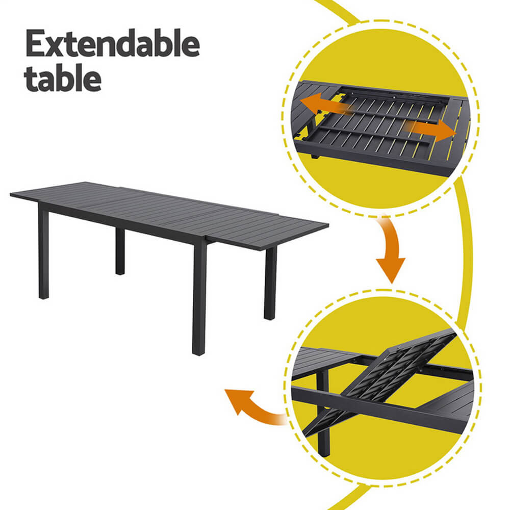Somers | Coastal Black White Aluminium Extendable 9 Seater Outdoor Door Table Set | Black
