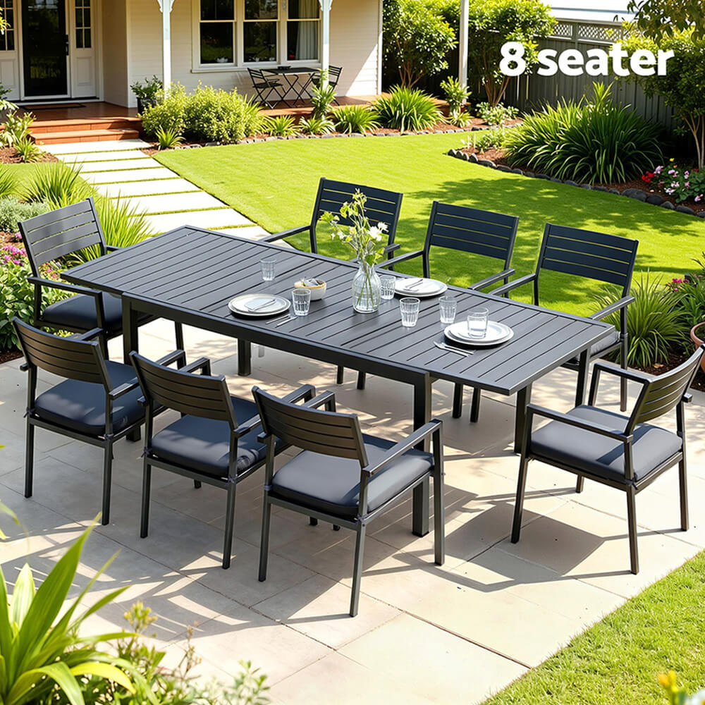 Somers | Coastal Black White Aluminium Extendable 9 Seater Outdoor Door Table Set | Black