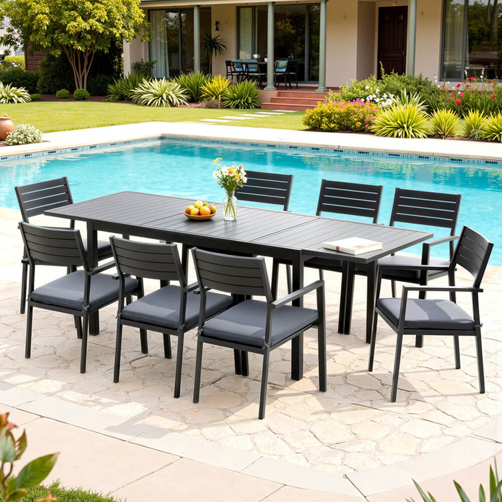 Somers | Coastal Black White Aluminium Extendable 9 Seater Outdoor Door Table Set | Black