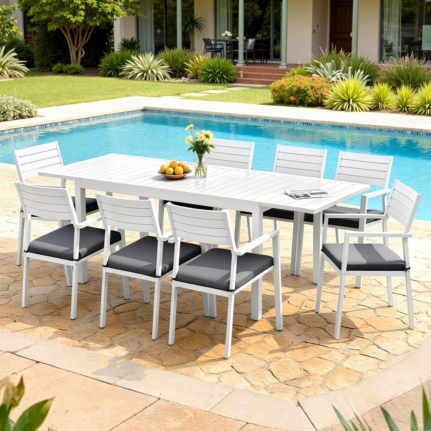 Somers | Coastal Black White Aluminium Extendable 9 Seater Outdoor Door Table Set | White